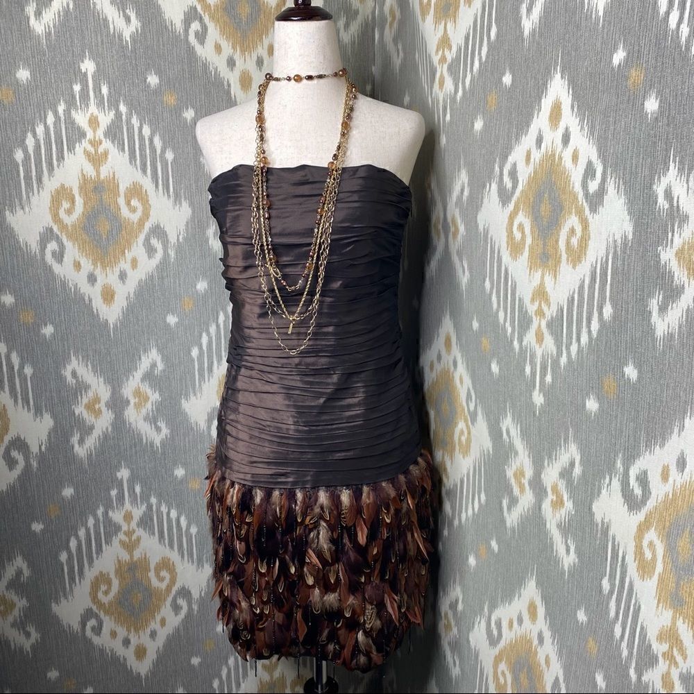 Ralph Lauren Vintage Brown Ruched Silk Taffeta Pheasant Feather Cocktail Dress - Picture 5 of 16